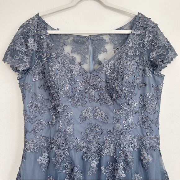 La Femme 29380 Tulle A Line Gown in Slate Embroidered Floral Lace Flowers Prom - Picture 4 of 11